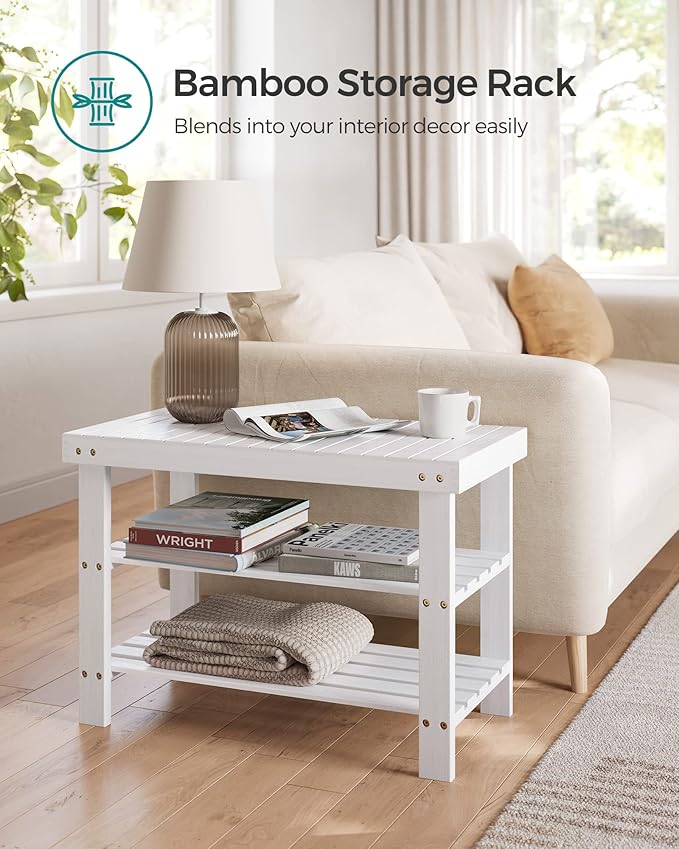 SONGMICS Shoe Rack Bench, 3-Tier Bamboo Shoe Storage Organizer, Entryway Bench, Holds Up to 286 lb, 11.3 x 27.6 x 17.8 Inches, for Entryway Bathroom Bedroom, Cloud White ULBS004W01-NeatNest