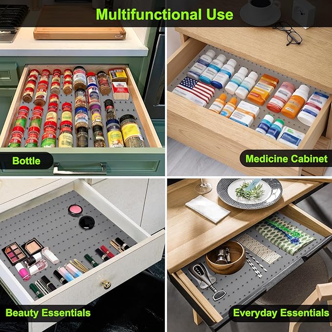 Gosmol Spice Drawer Organizer insert, Adjustable & Non-Slip Silicone Spice Drawer Liner for Seasoning Jars and Spice Bottles, Set of 2-Grey-NeatNest