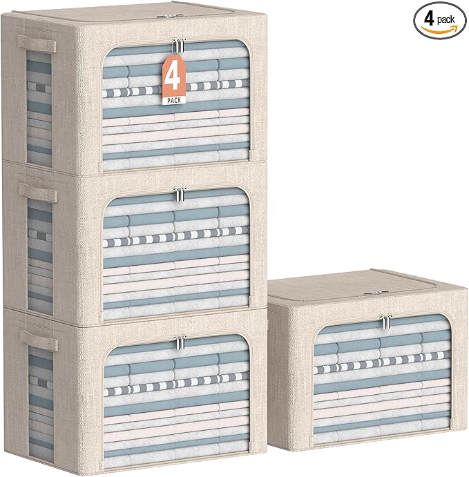 4 Pack Clothes Storage Bins with Metal Frame - Linen Fabric Foldable Stackable Container Organizer Set with Clear Window & Carry Handles & Zippers (Beige, 19.7"x15.7"x13")-NeatNest