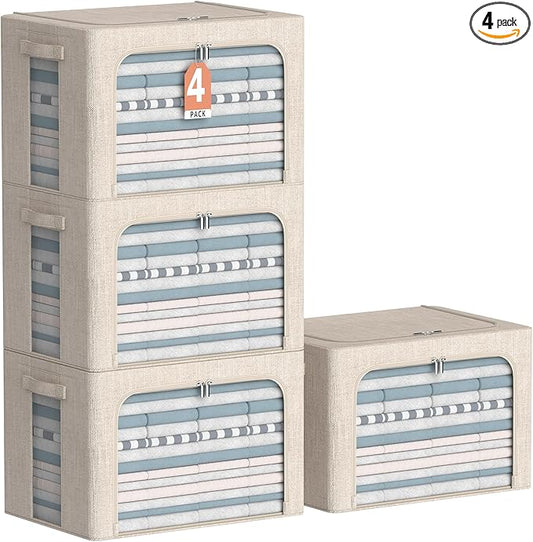 4 Pack Clothes Storage Bins with Metal Frame - Linen Fabric Foldable Stackable Container Organizer Set with Clear Window & Carry Handles & Zippers (Beige, 19.7"x15.7"x13")-NeatNest