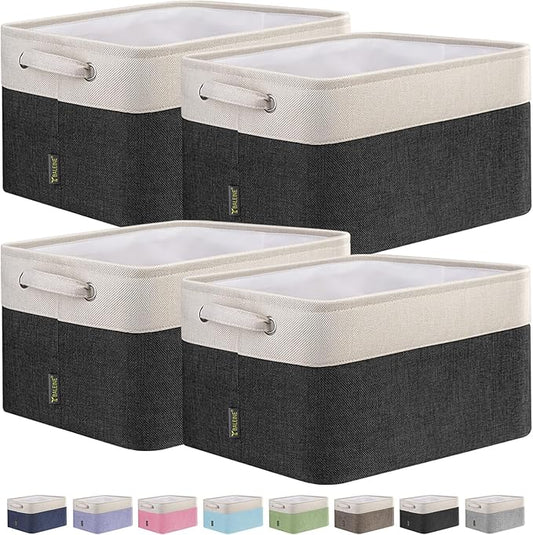 BALEINE 4 Pack Fabric Storage Bins for Shelves, Linen Storage Baskets for Organizing, Decorative Closet Bins for Clothes, Home (Black, 12"x8"x8")-NeatNest