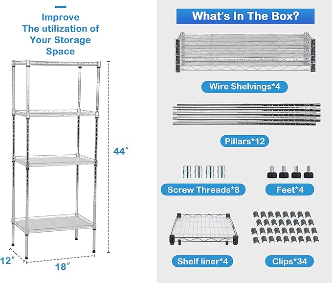 4-Tier Metal Wire Shelving Unit Kitchen Shelf Organizer Height Adjustable Storage Rack Utility Snack Shelf, NSF Certified Storage Shelves for Laundry Bathroom Kitchen Pantry Organization-NeatNest