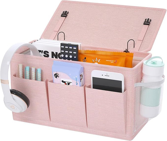 Dual-purpose Bedside Caddy Bedside Organizer, Bed Caddy with 6 Pockets, Versatile Bedside Storage Solution Magazine Remotes holder, ideal for Home, Dorm, Hospital, Crib Bed (Pink)-NeatNest