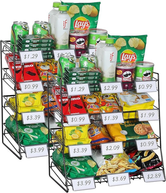 4-Tier Black Stackable Candy Display Rack, Snack Organizer For Countertop, Stores, Offices with 24 Signs and 60 Labels (Black-2 Pack)