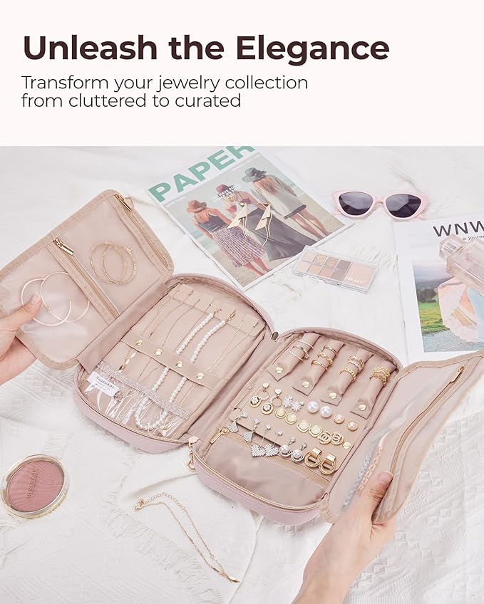 BAGSMART Jewelry Organizer Case Travel Jewelry Storage Bag for Necklace, Earrings, Rings, Bracelet, Soft Pink-NeatNest