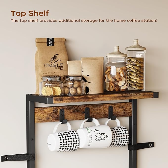 Homeiju 14-Hook Large Coffee Mug Holder for Countertop/Wall Mounted,4 Tier Coffee Cup Holder with Top & Bottom Storage Shelf,Adjustable Hook & Shelves,Mug Tree for Home Bar,Coffee Station-NeatNest