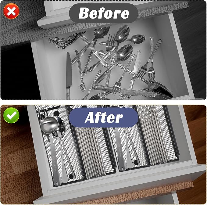 10 Pack Silverware Drawer Organizer 9 x 3 x 2 Inch Mesh Utensil Organizer for Kitchen Drawers with Interlocking Arm for Flatware Knives Spoons Fork Cosmetic Utensil Tabletop Storage Tray