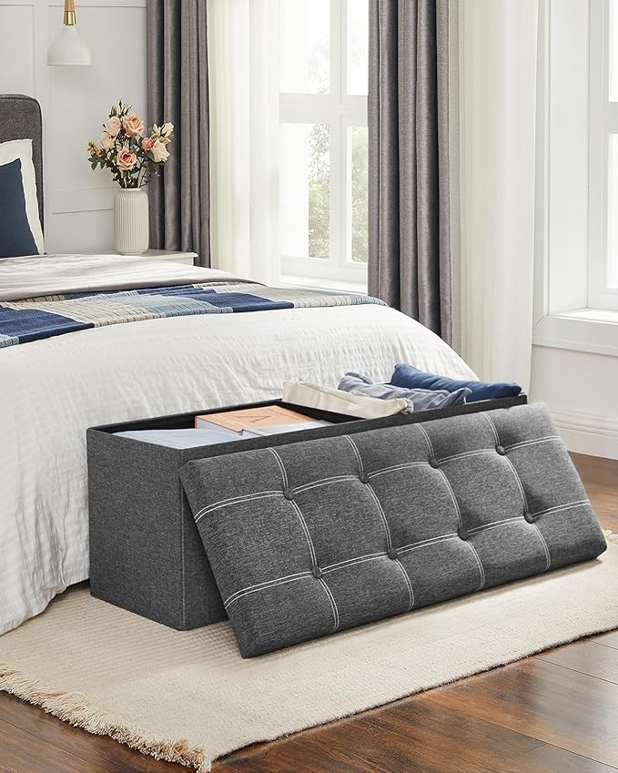 SONGMICS Mazie Collection - 43 Inches Ottoman Storage Bench, 35 Gal. Folding Chest with Breathable Linen-Look Fabric, Load up to 660 lb, for Entryway, Living Room, Bedroom, Dark Gray ULSF077G04-NeatNest