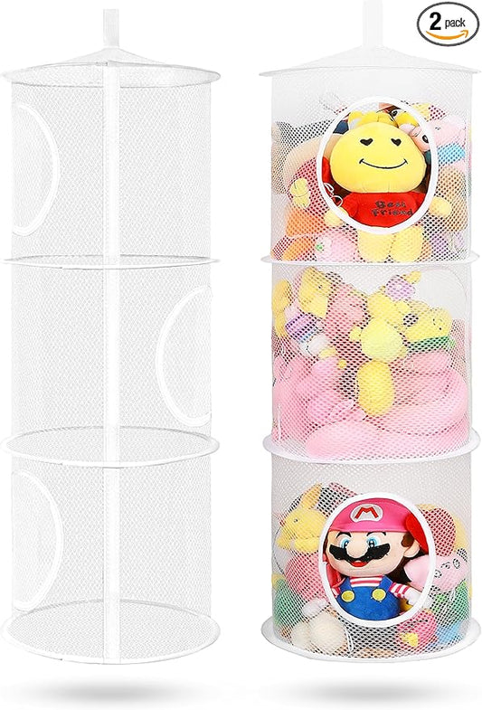 2Pcs Stuffed Animal Storage Foldable Stuffed Animal Net or Hammock Organizer, 3 Compartments Hanging Mesh Toy Storage Hammock for Kid Room Toys, Gloves, Hats, Socks(White)-NeatNest