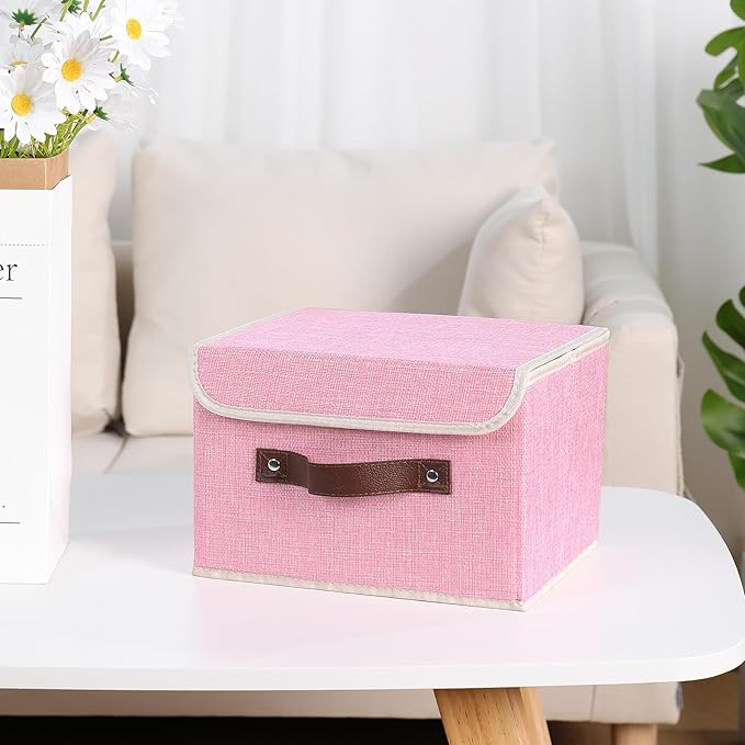 ANMINY 4PCS Storage Bins with Lid PU Leather Handles Storage Boxes PP Plastic Board Decorative Foldable Lidded Cotton Linen Fabric Home Cubes Baskets Closet Organizer Containers - Pink, Small Size-NeatNest