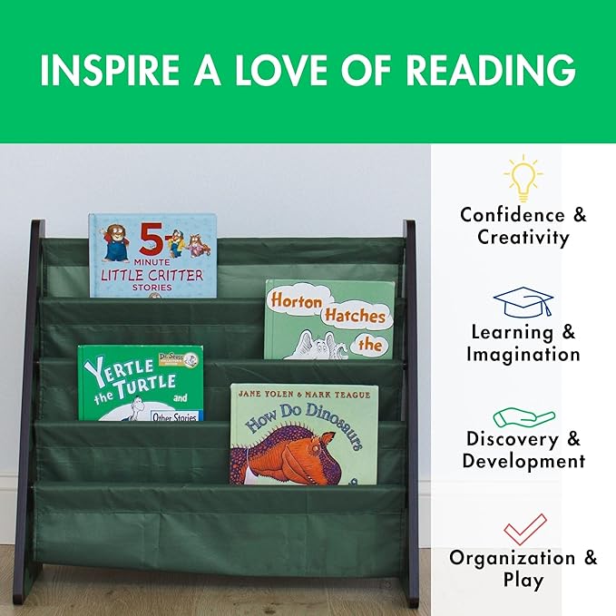 Humble Crew 4-Tier Kids Bookshelf, Camo Wood/Green - Premium Book Shelf for Kids Rooms with Four Deep Pockets - Toddler Sling Book Rack with Deep Sleeves, Nursery Bookcase Organizer