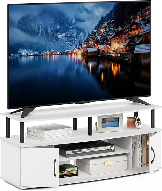 Furinno Jaya Entertainment Center Stand Unit/TV Desk for up to 55 inch, White/Black-NeatNest
