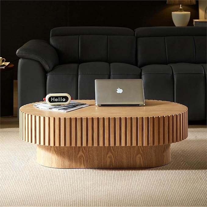 KEVINSPACE Oval Coffee Table 43.7" Wood CoffeeTable for Living Room Drum ModernCoffeeTable TeaTable Wooden Coffee Tables PedestalCoffeeTable Home Furniture Office Apartment Wood