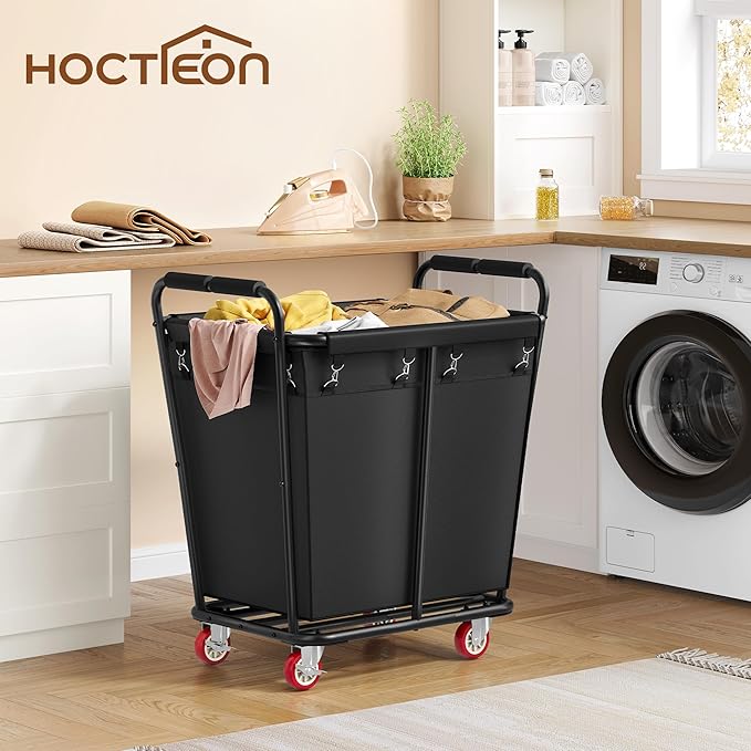 Hoctieon Large Laundry Cart with Wheels, 300L Heavy Duty Laundry Basket Organizer, Rolling Hamper Sorter for Clothes Storage, Industrial Dirty Clothes Hamper for Home & Hotel, Black-NeatNest
