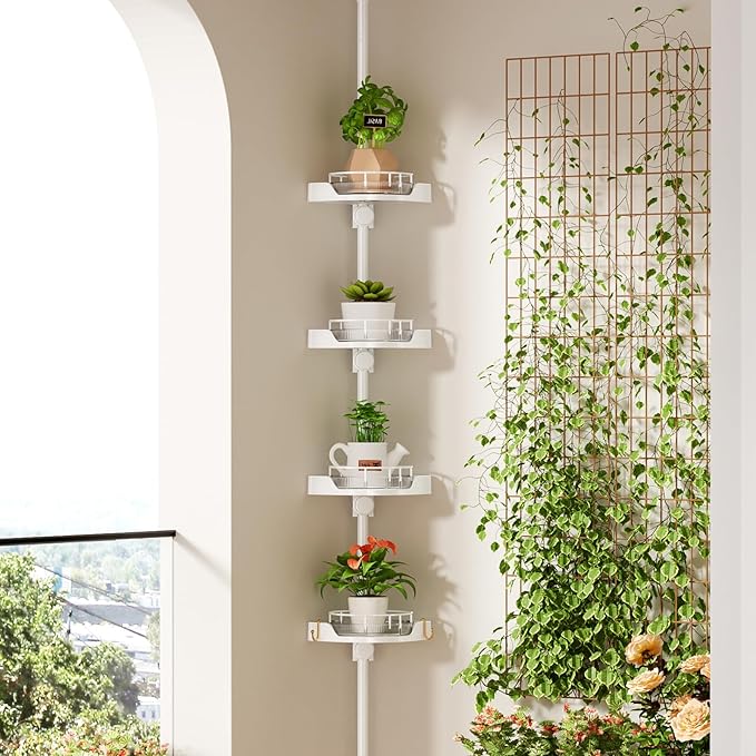 360° Rotating Corner Shower Caddy Tension Pole Organizer - 4-Tier Adjustable Rustproof Metal Pole, Plastic Shelves with Safety Guardrail, Bathroom Storage for Shower & Bathtub(White)
