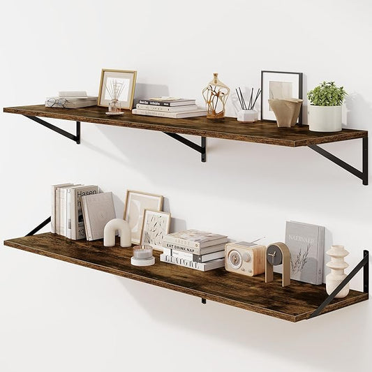 Fun Memories Floating Shelves for Wall, 12 Inch Deep Floating Shelves Set of 2, 55W x 12D Large Wall Shelf with Sturdy Metal Brackets for Living Room, Bathroom, Bedroom and Kitchen, Rustic Brown-NeatNest