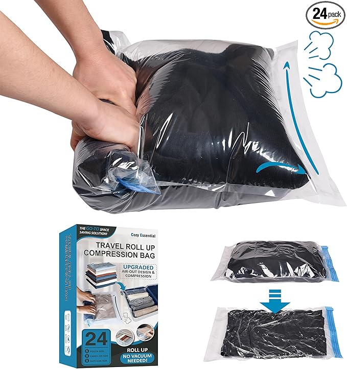 Compression Bags for Travel - Travel Essentials - 24 Pack Space Saver Bags - No Vacuum Needed - Compression Packing Bags for Cruise Accessories-NeatNest