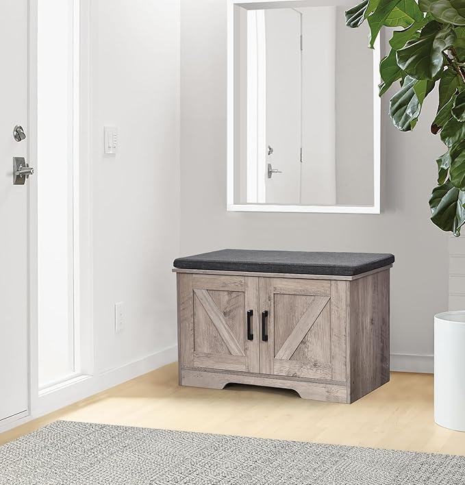 2-Tier Storage Bench, Shoe Bench with Padded Seat Cushion, Entryway Bench with 2 Barn Doors, Adjustable Shelf, 13.8" D x 27.6" W x 17.7" H, for Entryway, Living Room, Bedroom, Greige-NeatNest