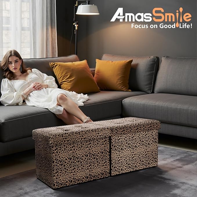 AmasSmile Footrest Ottoman Bench with Storage,34Inch Leopard Print Velvet Footstool, Coffee Table, Padded Seat, Storage Chest,Blanket Store with Flipping Lid for Livingroom and Bedroom