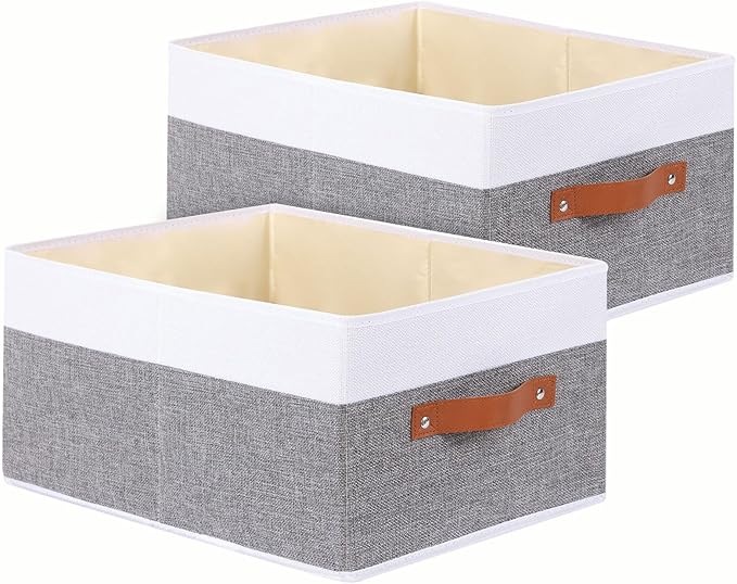 Clothing Storage Bins, Clothes Boxes with Handles, Baskets for Organizing, Fabric bins for Shelves, 13 × 9.1 × 5.5 inch, 2 Pack, White and Grey-NeatNest