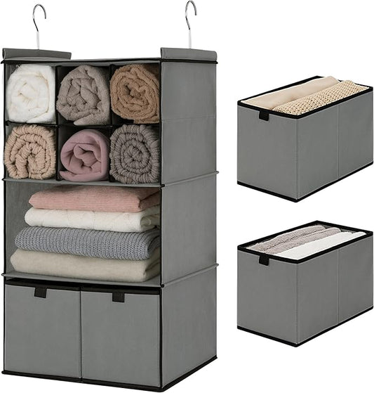 GRANNY SAYS Hanging Closet Organizer with Drawers, 4 Shelf Dividers Closet Hanging Organizer, Foldable Hanging Shelves for Wardrobe Closet, Small Closet Organizers for Clothes Shoes, Grey-NeatNest