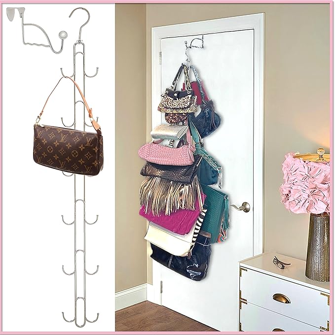 Boottique 2-Pk Over Door Hanging Purse Storage - Durable, Holds 50 POUNDS, ROTATES 360 for Easy Access; Purses, Handbags, Satchels, Crossovers, Backpacks,12 Hooks, Chrome (Set of 2)…-NeatNest