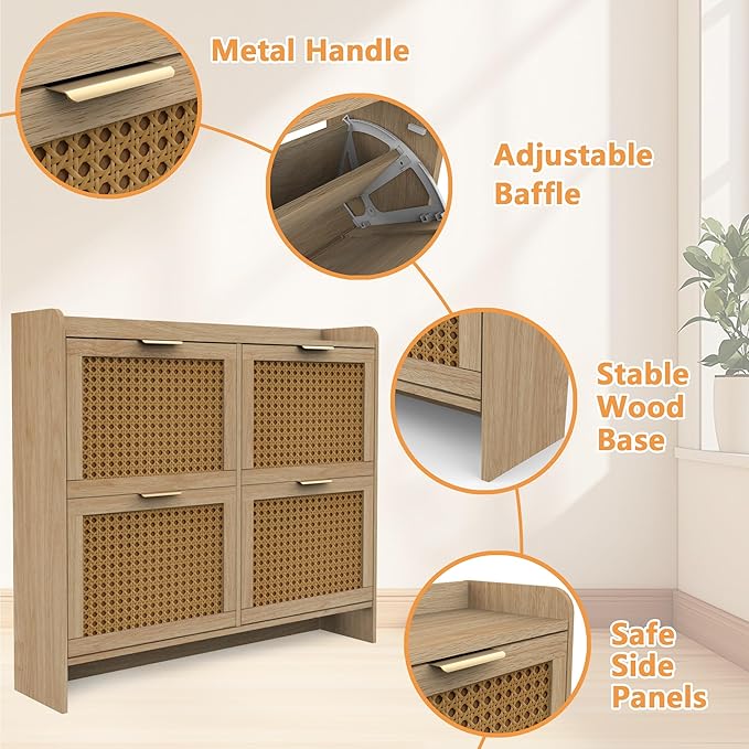 Hidden Shoe Storage Cabinets with 2 Flip Drawers and Metal Legs, Freestanding Narrow Shoe Organizer Rack for Entryway, Natural-NeatNest