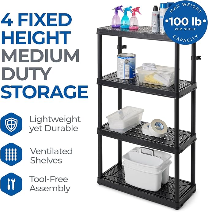 Gracious Living 4 Shelf Fixed Height Medium Duty Storage Unit 14 x 32 x 54.5" Organizer System for Home, Garage, Basement, & Laundry, Black (4 Pack)