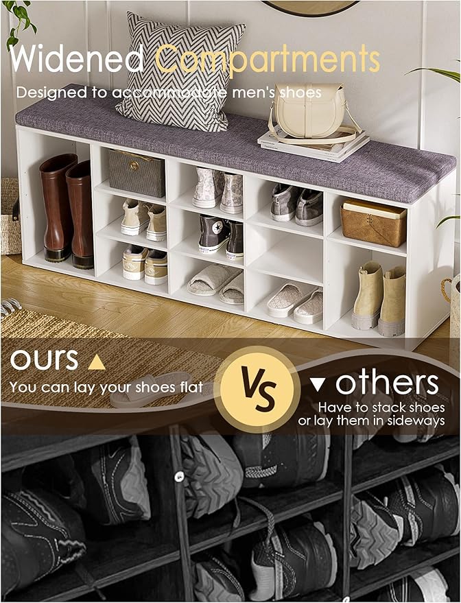 DINZI LVJ Shoe Storage Bench with Cushion, 13-Cubby Shoe Rack, Adjustable Shelves, Multifunctional Shoe Organizer Bench for Entryway, Mudroom, Hallway, Living Room, Bedroom and Garage, White-NeatNest