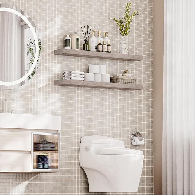 HOOBRO Floating Shelves for Wall, Wall Mounted Shelf Set of 2, 47.2" Hanging Shelf with Invisible Brackets, for Wall in Bathroom, Bedroom, Toilet, Kitchen, Living Room, Office, Greige BG120BJP201-NeatNest