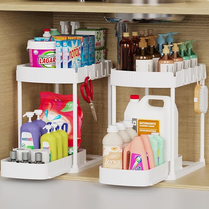 2 Pack Multi-Purpose Pull-Out Storage Organizers, Under Sink & Cabinet Storage, 12.8 Inch, White-NeatNest