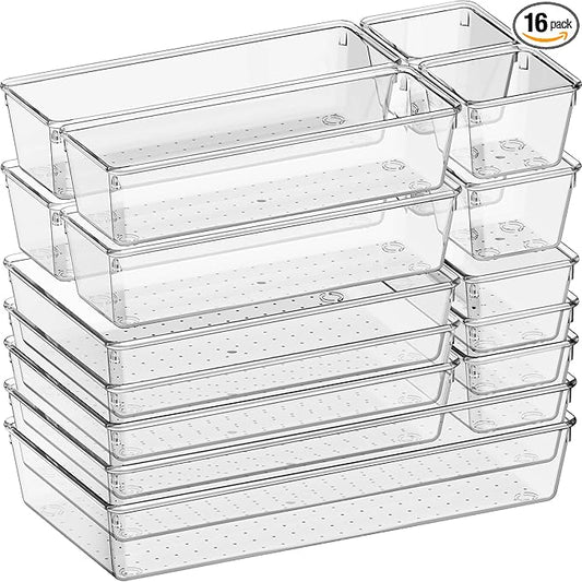 Criusia 16 Pack Large Clear Plastic Drawer Organizer Bins - 5 Size Acrylic Bathroom and Vanity Organizers and Storage Trays for Makeup Office Home, Kitchen Drawer Organizer for Utensils, Gadgets-NeatNest