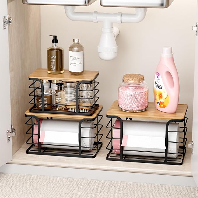 3 Pack Stackable Pantry Organizer,Stainless Steel Trash Bag Holder Dispenser,Kitchen Storage Organization for Kitchen Counter Sink,Laundry Room,Pantry, Black-NeatNest
