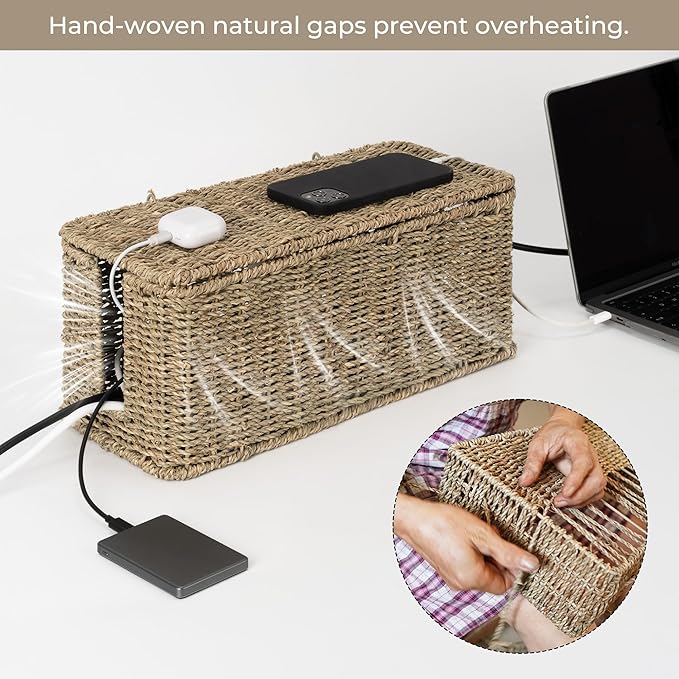 StorageWorks Large Cable Management Box, 2 Slots Wicker Cable Organizer to Hide Cords and Power Strip, Seagrass Cord Hider Box for Home & Office