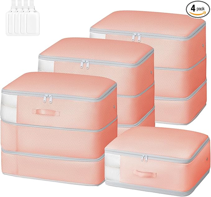 Comforter Storage Bag - Large Capacity Blanket Storage Bags 3-Layer Ultra Space Saving Self Compression Organizer, Washable Compression Bags for Storage Comforter Blanket, 4-Pack, Pink-NeatNest