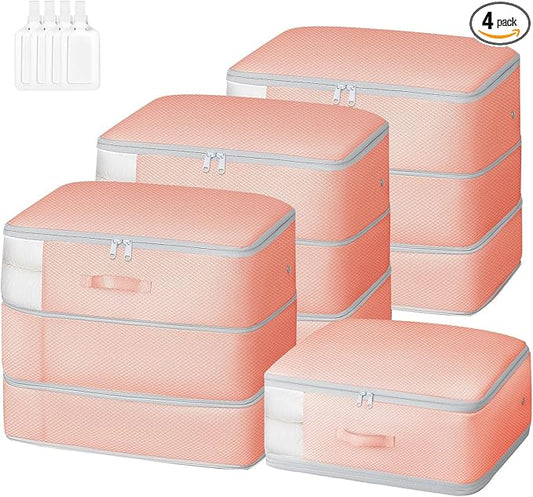 Comforter Storage Bag - Large Capacity Blanket Storage Bags 3-Layer Ultra Space Saving Self Compression Organizer, Washable Compression Bags for Storage Comforter Blanket, 4-Pack, Pink-NeatNest