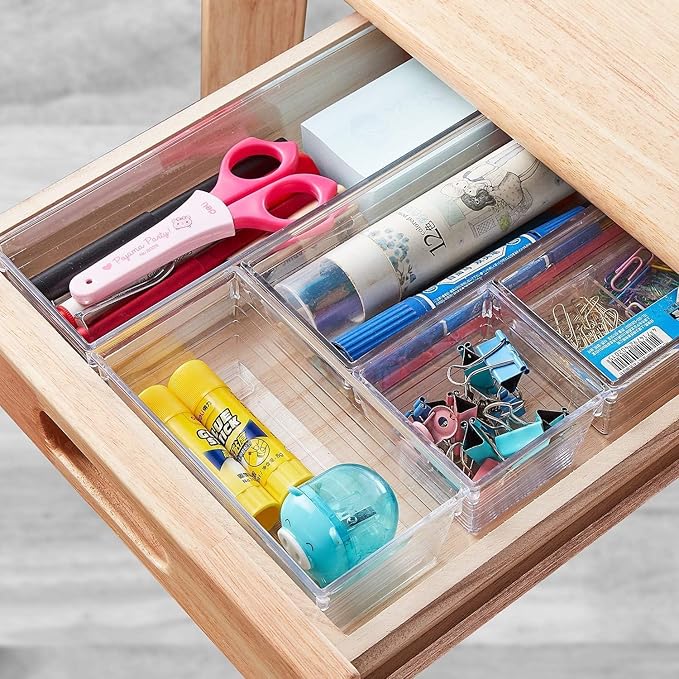 14-Piece Modular acrylic clear drawer dividers and storage bins- 4-Size Clear plastic Drawer Organizer Trays for Vanity,Dresser, Bathroom, Kitchen, Office Gadgets Utensils-NeatNest