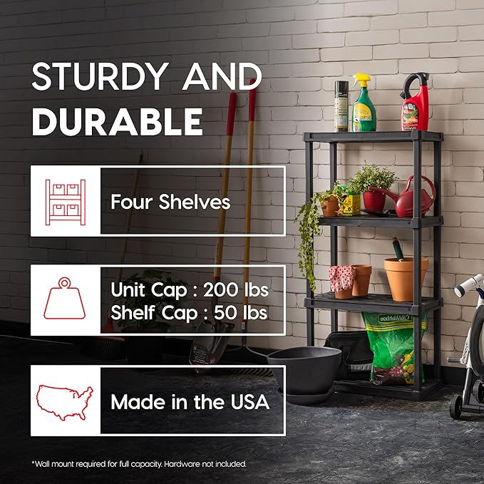 IRIS USA 4-Shelf Light Duty Plastic Storage Shelves, 200lb Capacity, 48"H x 24"W x 12"D, Medium Modular Shelving Unit Storage Organizer for Bathroom, Laundry, Garage & Home, Storage Rack - Black