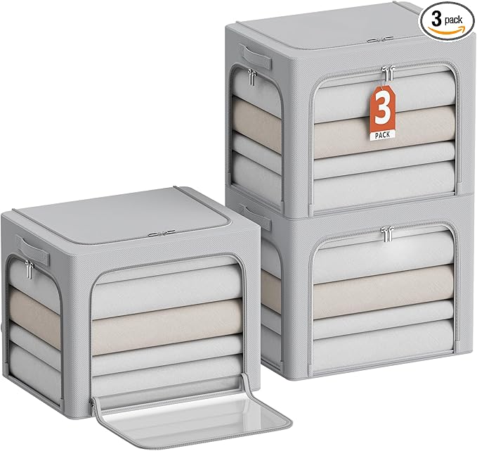 3Pack Clothes Storage Bins - Oxford Frame Storage Box Foldable Stackable Storage Organizer with 3 Openings Design, Metal Frame, Clear Window, Carry Handles (36L-15.7 * 11.8 * 11.8in, Grey)-NeatNest