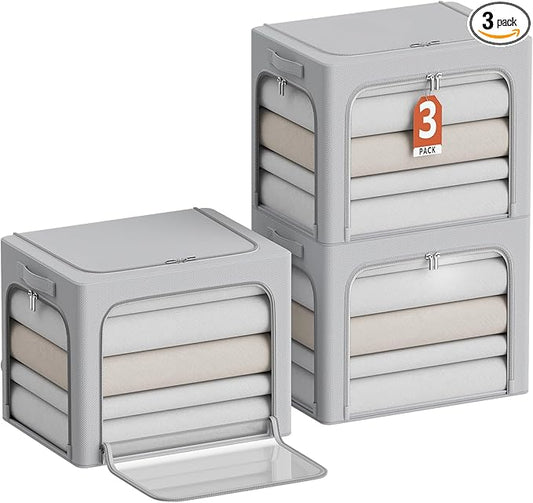 3Pack Clothes Storage Bins - Oxford Frame Storage Box Foldable Stackable Storage Organizer with 3 Openings Design, Metal Frame, Clear Window, Carry Handles (36L-15.7 * 11.8 * 11.8in, Grey)-NeatNest