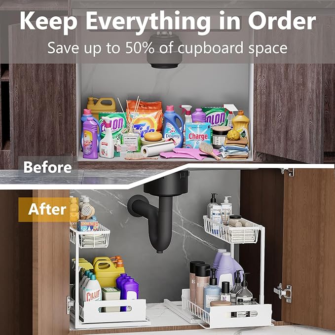 Under Sink Organizers and Storage 2 Tier Slide Out Kitchen Cabinet Organizer Sturdy Metal Bathroom Storage (White, 2 Pack)-NeatNest