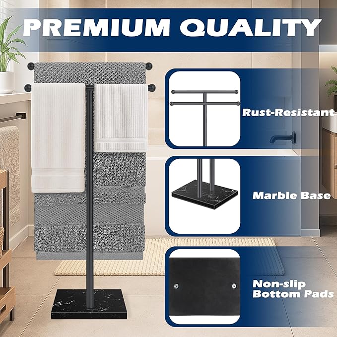 Freestanding Towel Rack with Marble Base,2-Tier Standing Towel Racks for Bathroom,Stable BathTowel Holder for Bathroom Accessories, Black