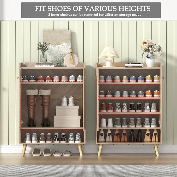Anmytek Accent 6-Tier Wooden Shoe Cabinet with Adjustable Shelves and Doors, Farmhouse Storage for Entryway or Hallway