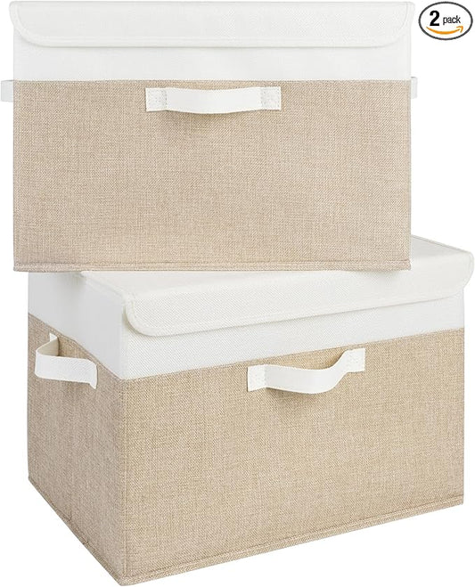 GRANNY SAYS Storage Boxes with Lids, Decorative Storage Bins, Shelf Baskets, Clothes Storage and Organization, White/Khaki, 2-Pack-NeatNest