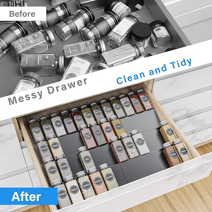 Expandable Spice Drawer Organizer for 11.5" to 23" Kitchen Cabinets Drawer, Adjustable 4 Tier Spice Rack Tray Insert, Food Seasoning Jars Storage, Aluminum-NeatNest