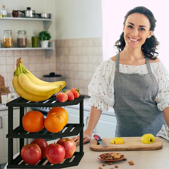 Cabinet Organizer Shelf - Bamboo Corner Rack for Kitchen Counter, Cabinet Space Saver for Plates, Dishes, Bowls, Bread Pantry, Bathroom Storage or Countertop Stand, Black-NeatNest