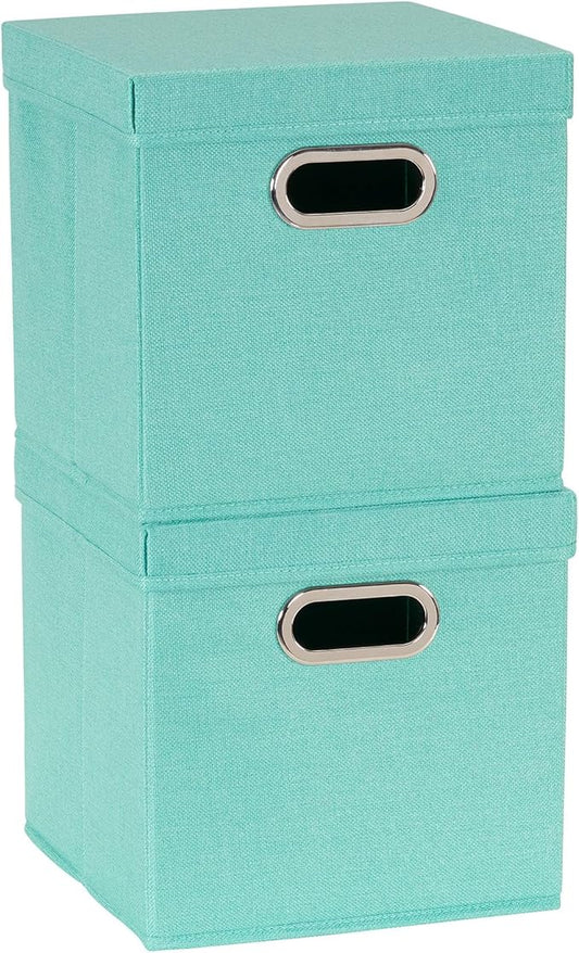 Household Essentials Collapsible Cotton Blend Cube Storage Box with Lid and Metal Grommet Handle, Set of 2, Green-NeatNest