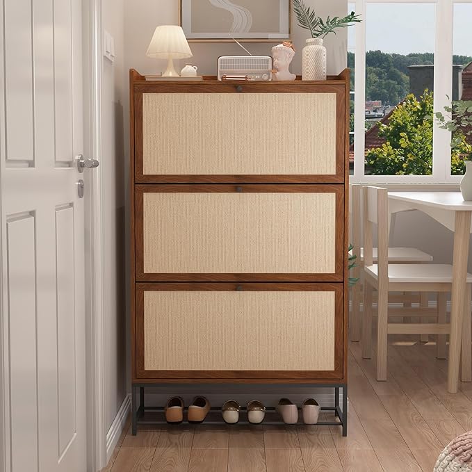 AVZEAR Narrow Shoe Storage Cabinet with 3 Flip Drawers, Freestanding Wooden Closed Shoe Rack, Slim Cabinet Storage for Entryway, Hallway, Living Room (Walnut)-NeatNest