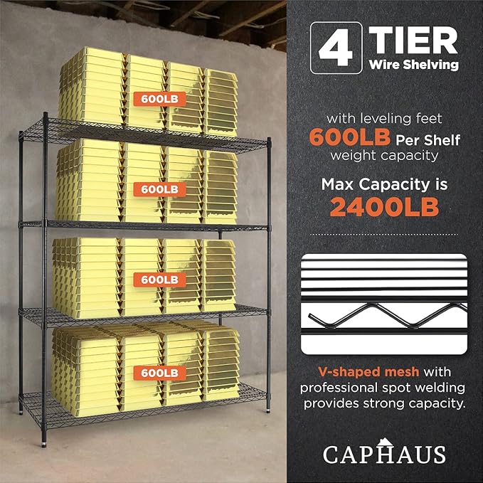 CAPHAUS 4-Tier Heavy Duty Adjustable Height Wire Shelving Unit w/Wheels & Leveling Feet, Metal Steel Shelf, Garage Shelving, Utility Rack Storage, 48" W-NeatNest