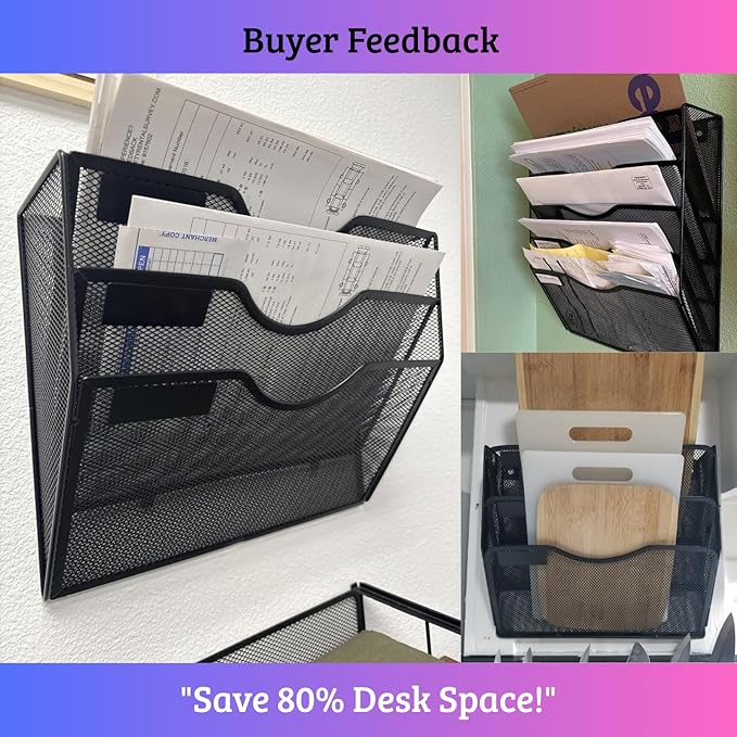 3 Pocket Wall File Holder Organizer, Mesh Hanging Wall Mounted Document Paper Folder Filing Magazine Rack with Nametag Label for Office Home School, 3 Tier Black